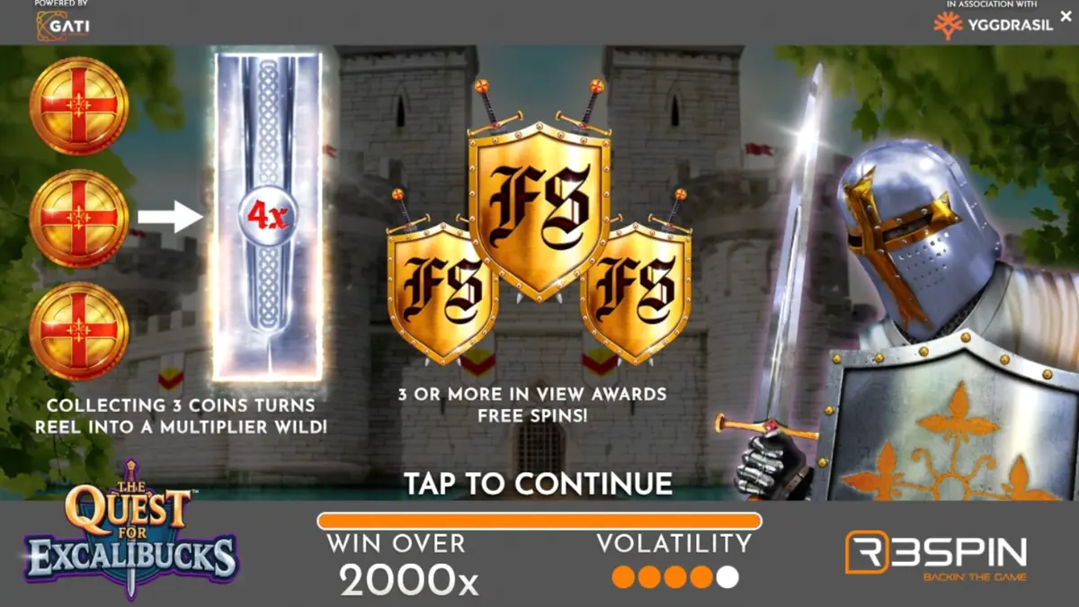 Giao diện trò chơi slot The Quest™ for Excalibucks trên thiết bị di động