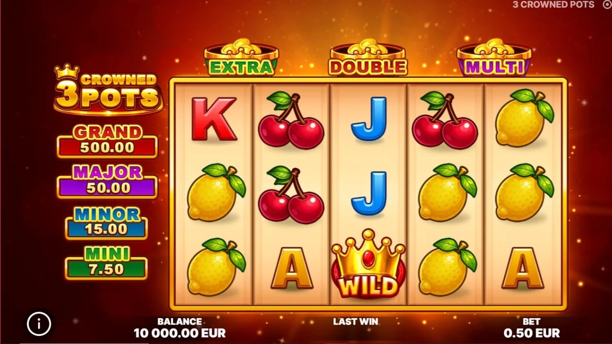 Giao diện trò chơi slot 3 Crowned Pots với các hũ vương miện và biểu tượng trái cây