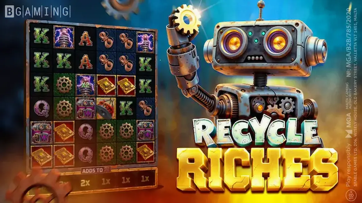 Giao diện trò chơi slot Recycle Riches với các biểu tượng phế liệu và robot nhỏ
