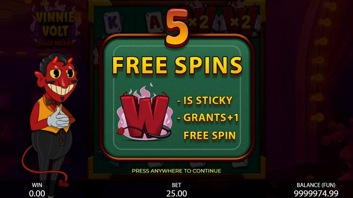 Vinnie Volt: Devil Wilds slot game interface featuring the dapper devil host